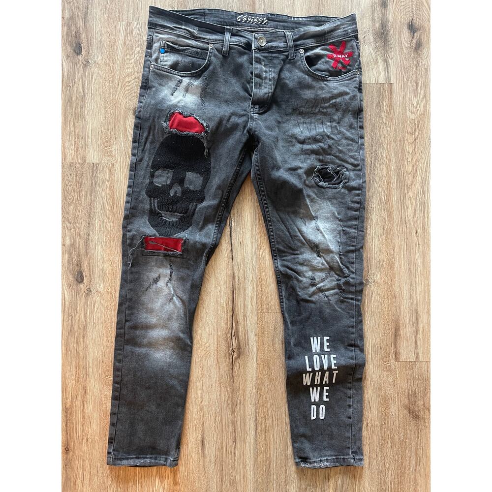XWAY Dark Gray Skinny Jeans Skull Embroidered We Love What We Do Size 36x29